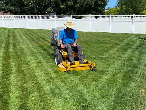 Tuxedo Yard Care Employee mowing beautiful lines into a lawn in Layton, Utah